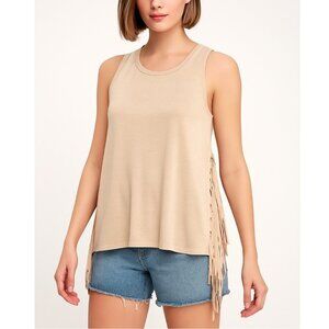 Jodifl Women's Top Cream Sz S Rayon Spandex Knit Fringe Side Vent Boho Festival